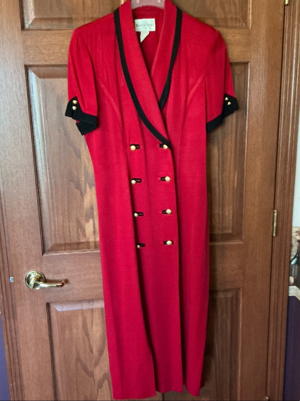 Donna Karan Red  Dress with Black Trim and Gold Buttons